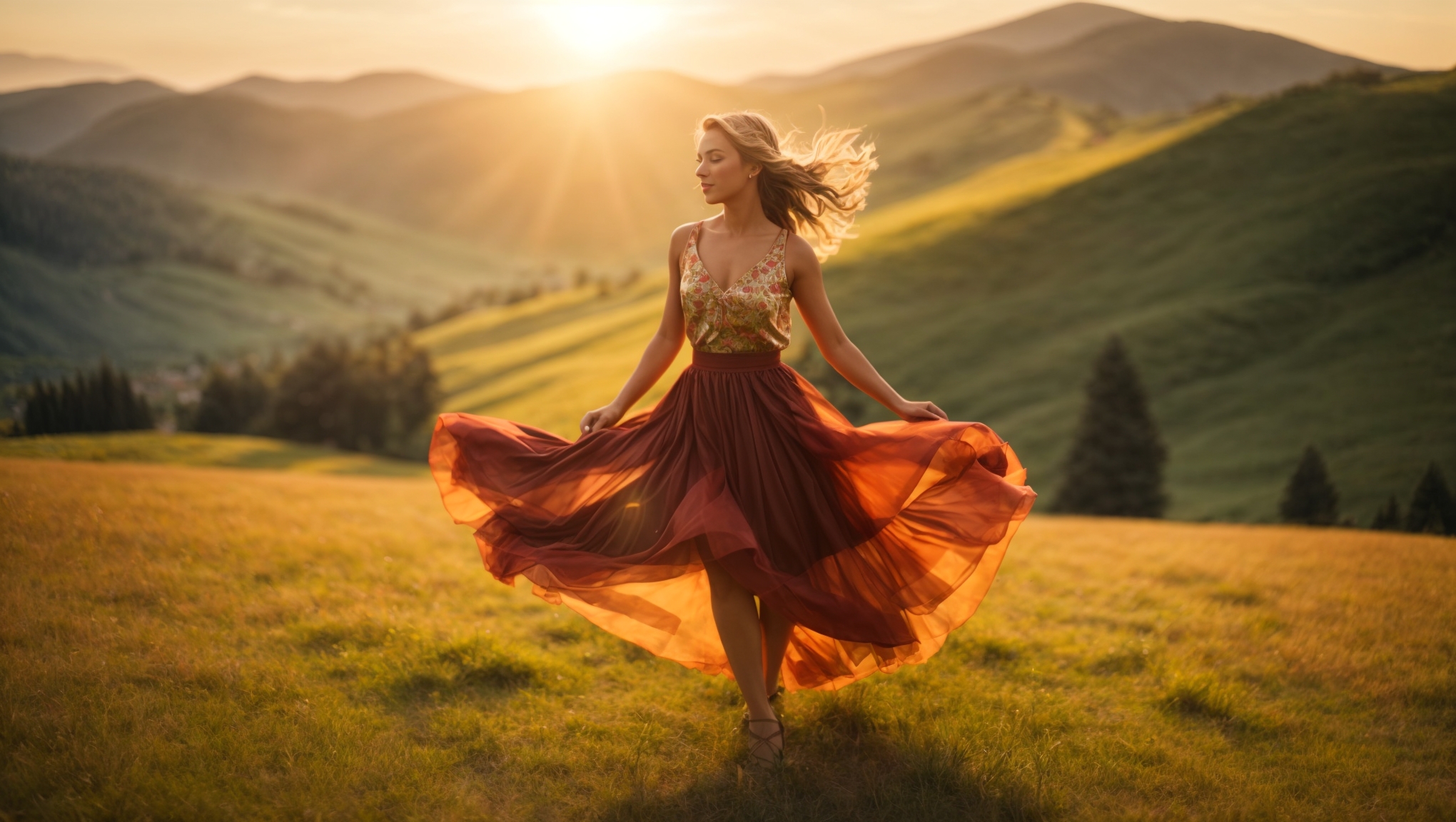 PhotoReal_Girl_dancing_Sound_of_music_rolling_hills_sunlight_w_0